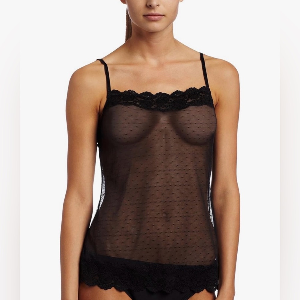 Y2K Jezebel Magenta Sheer Swiss‎ Dot Lace Trim Cami Sexy Flirty